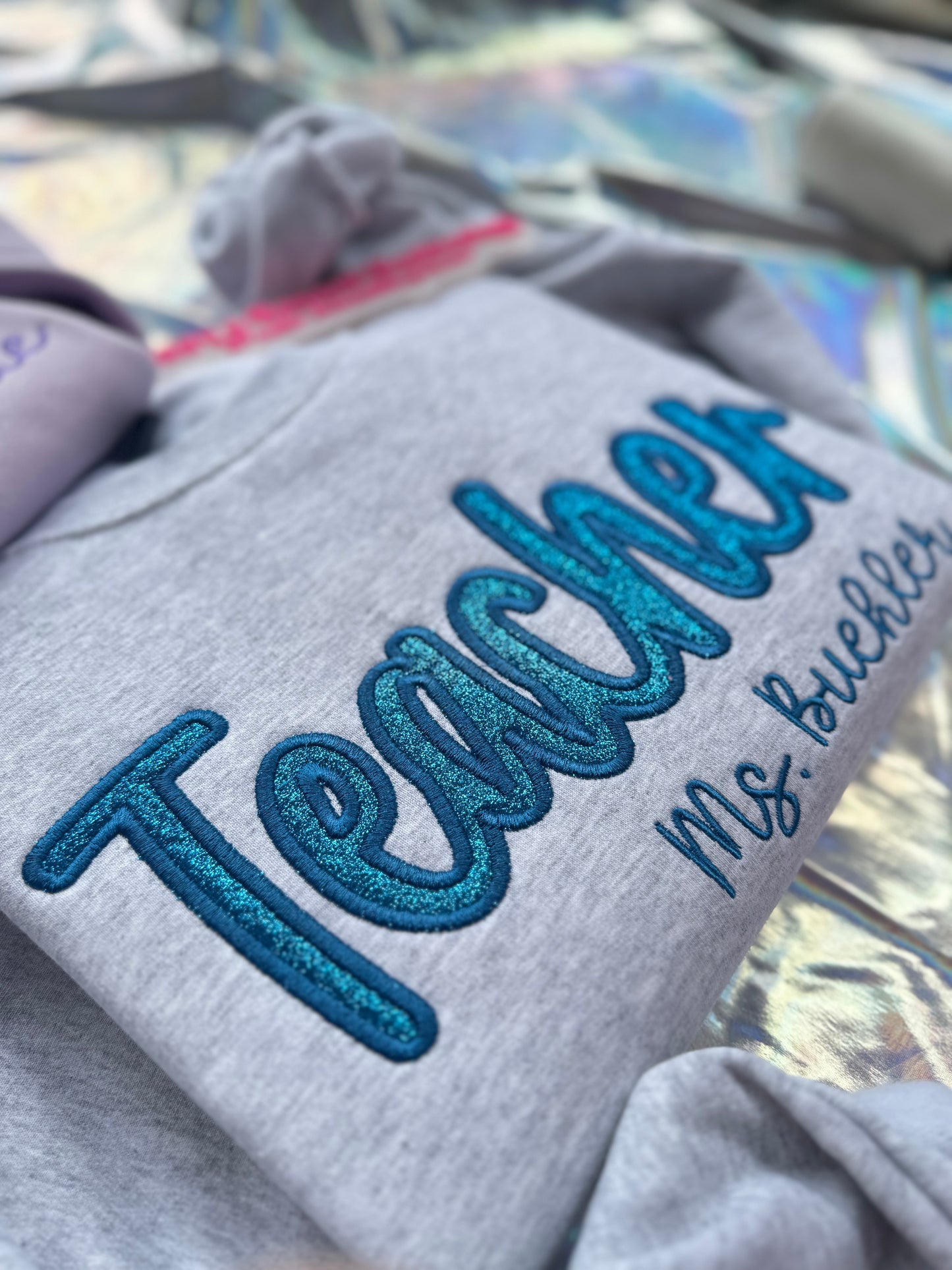 Cursive Teacher Glitter with Name Crewneck