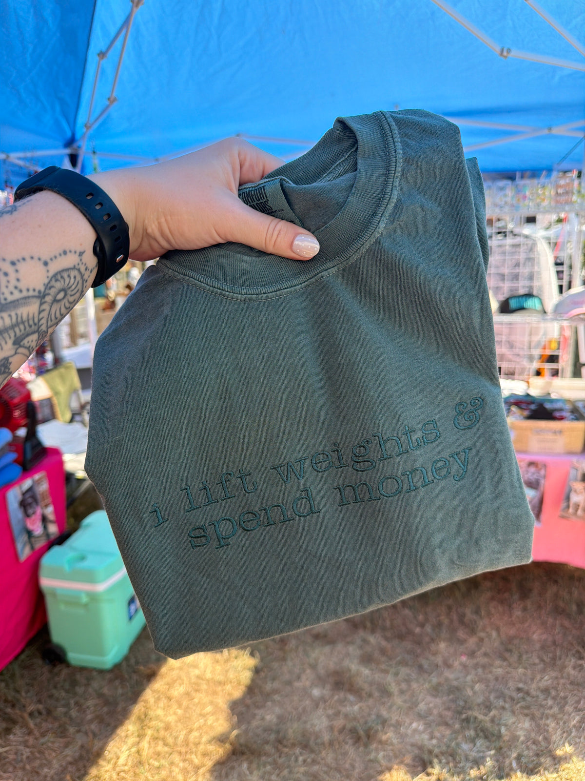 I lift weights and spend money tee