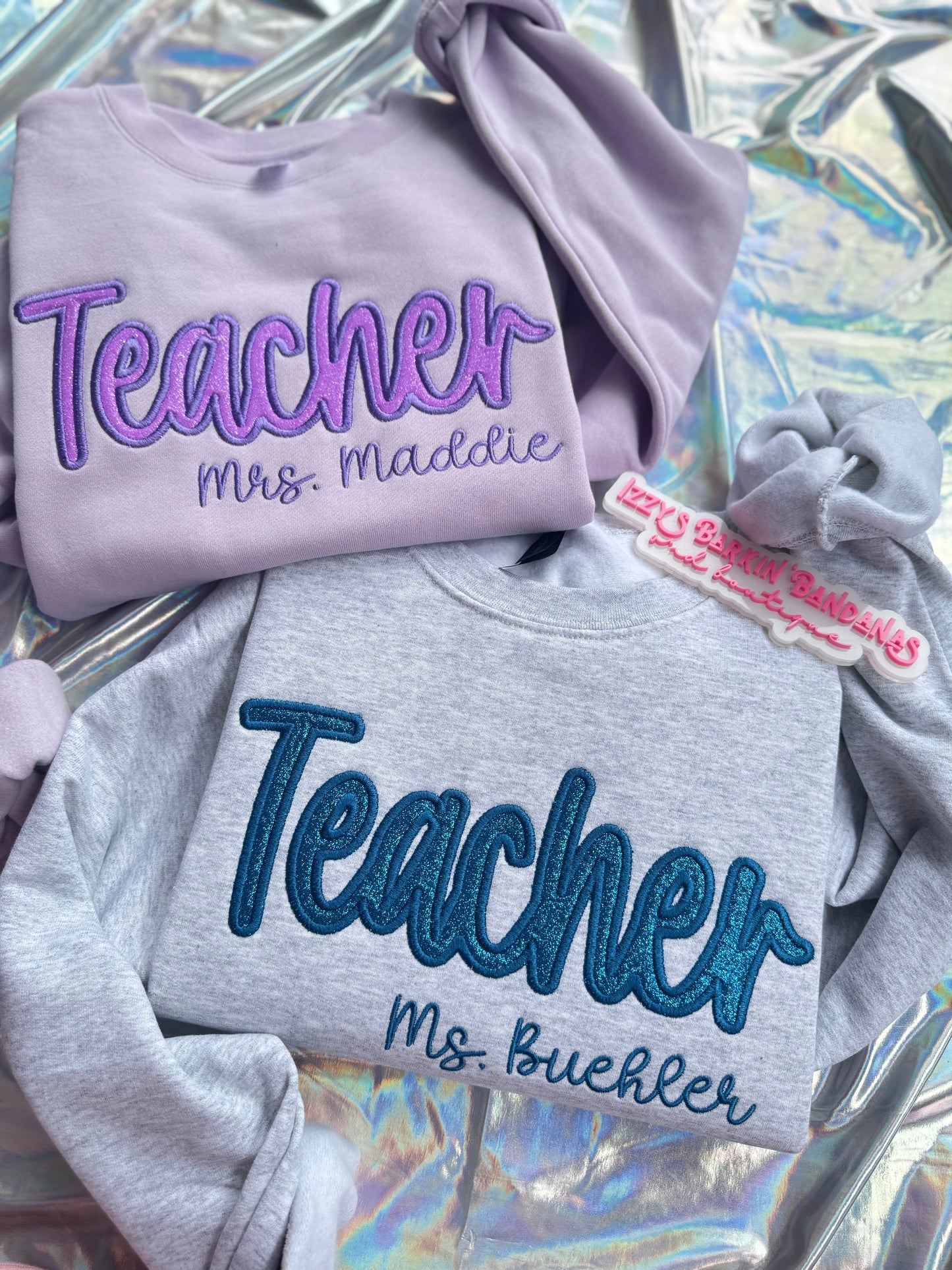Cursive Teacher Glitter with Name Crewneck
