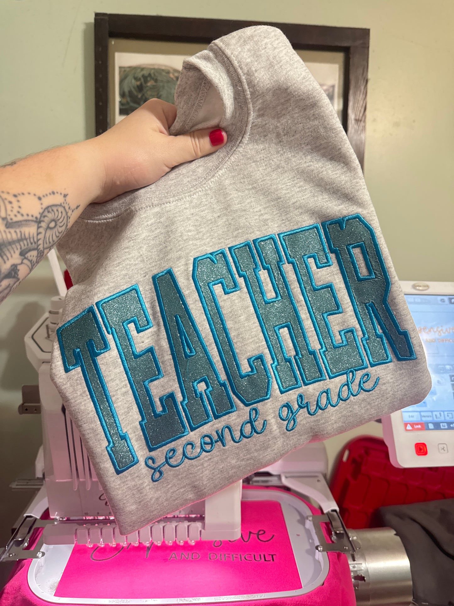Blue Glitter Teacher Crewneck
