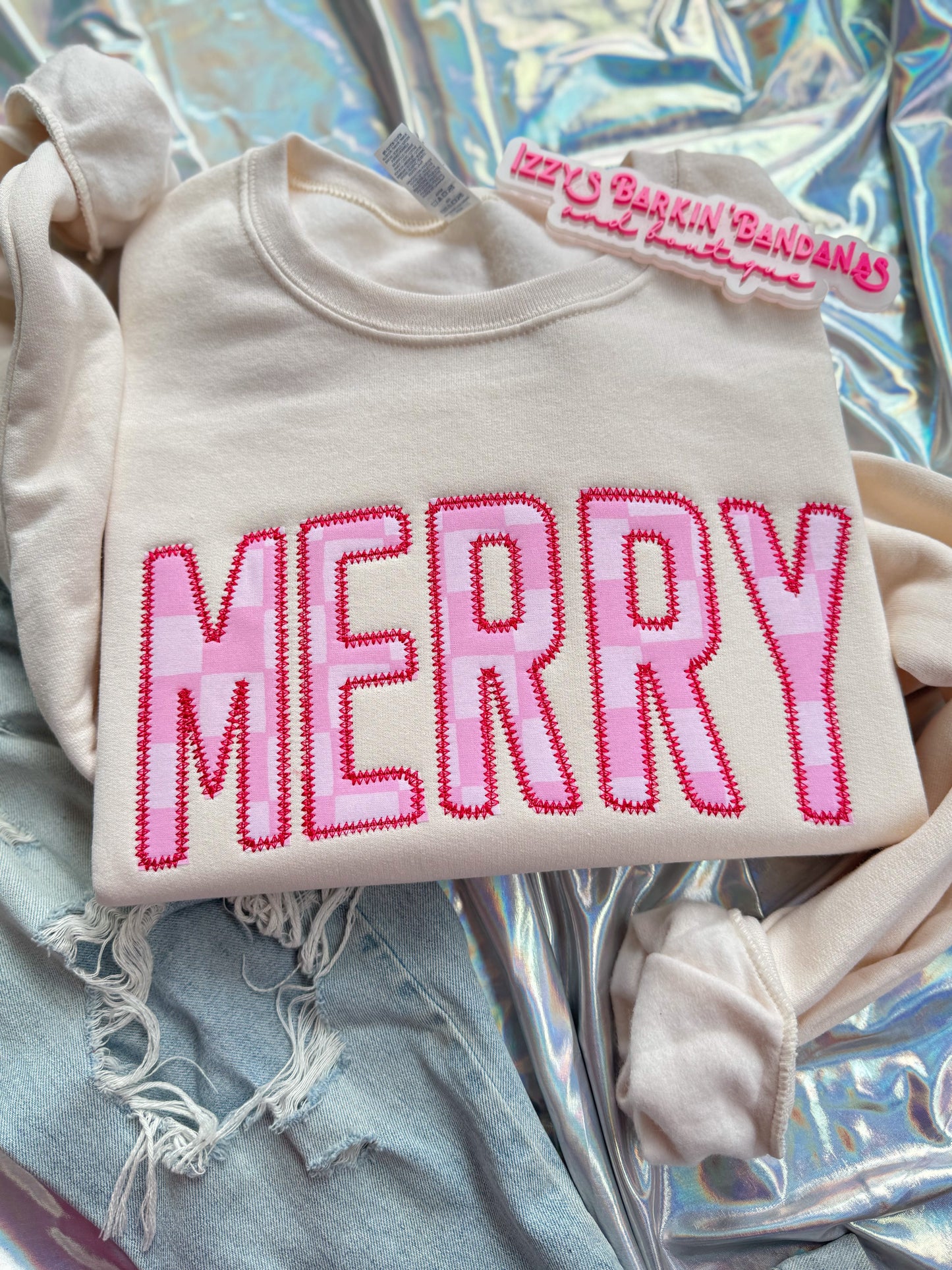 Pink Checkered MERRY Crewneck