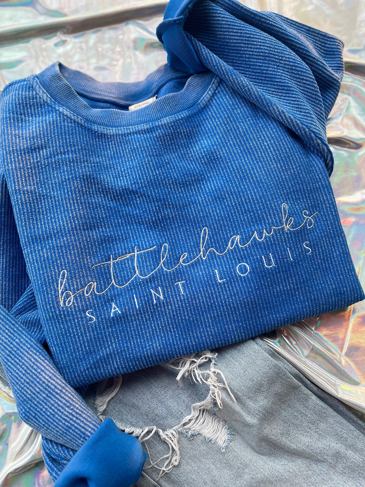 Blue STL Football Embroidered Corded Crewneck