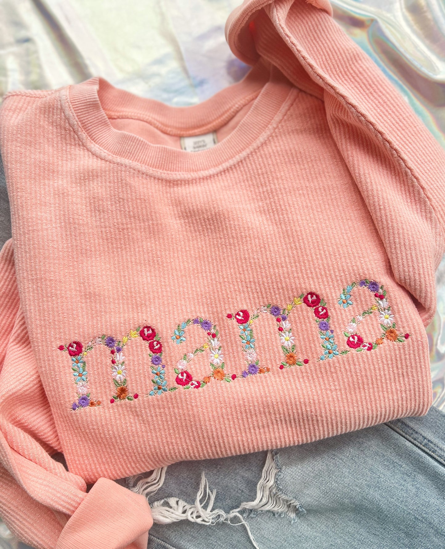 Floral mama Embroidered Corded Crewneck