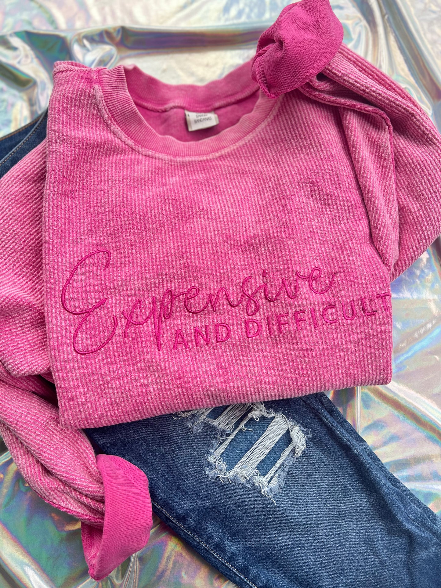Expensive and Difficult Embroidered Corded Crewneck