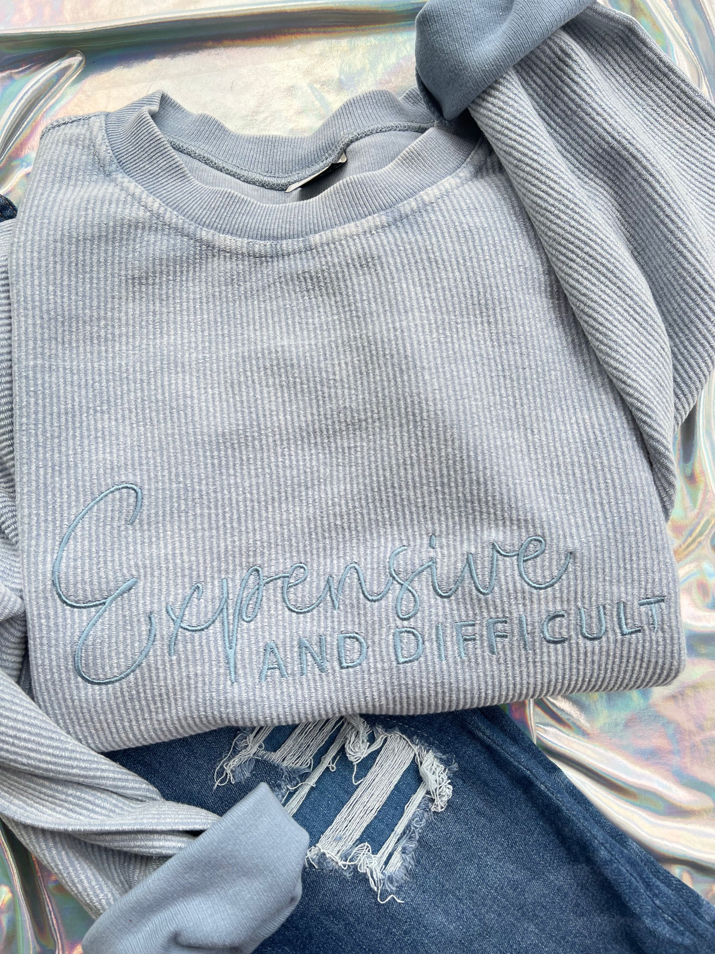 Expensive and Difficult Embroidered Corded Crewneck