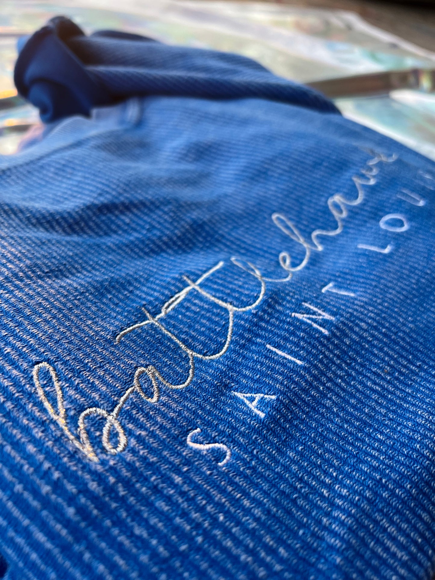 Blue STL Football Embroidered Corded Crewneck