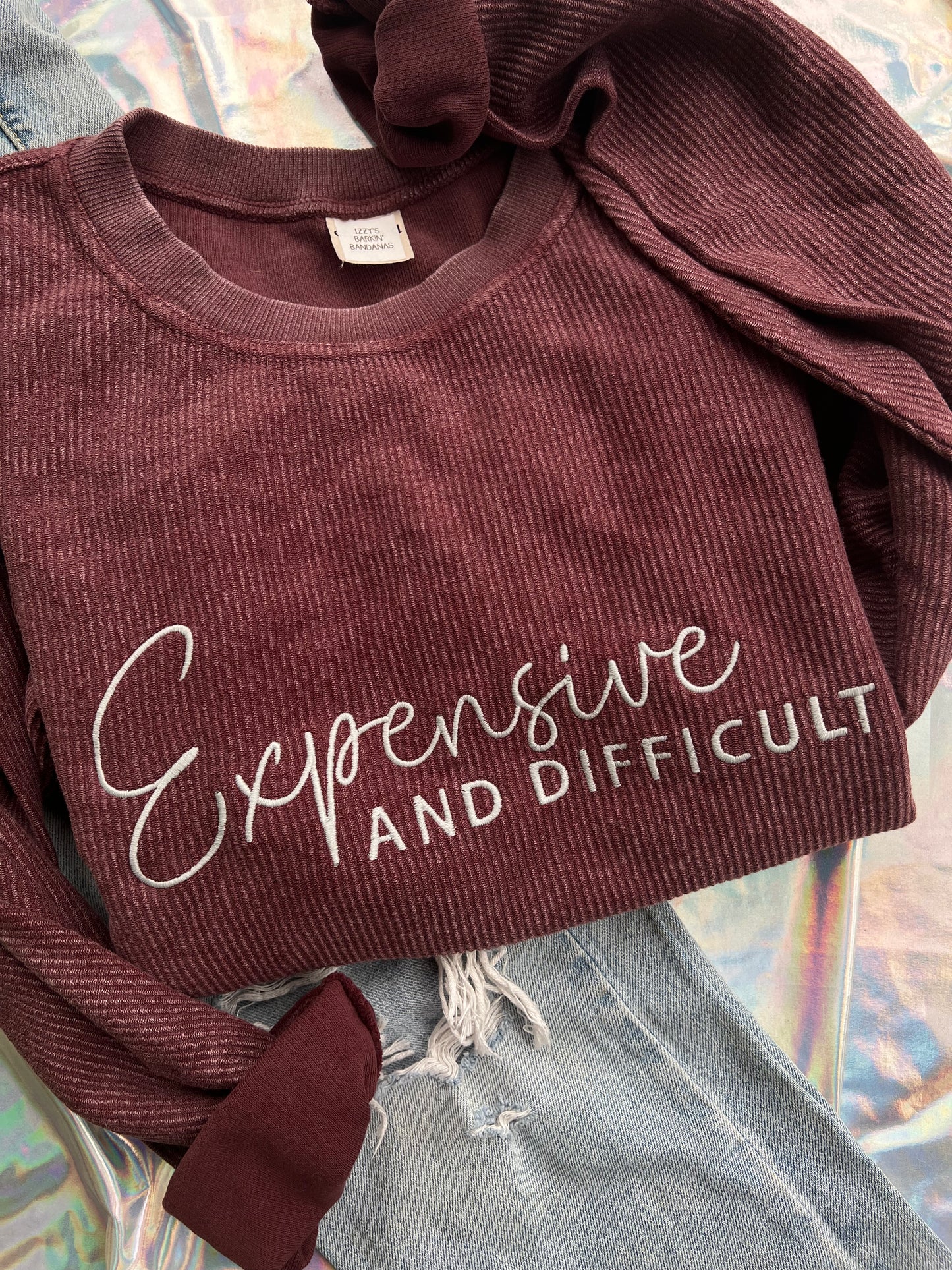 Expensive and Difficult Embroidered Corded Crewneck
