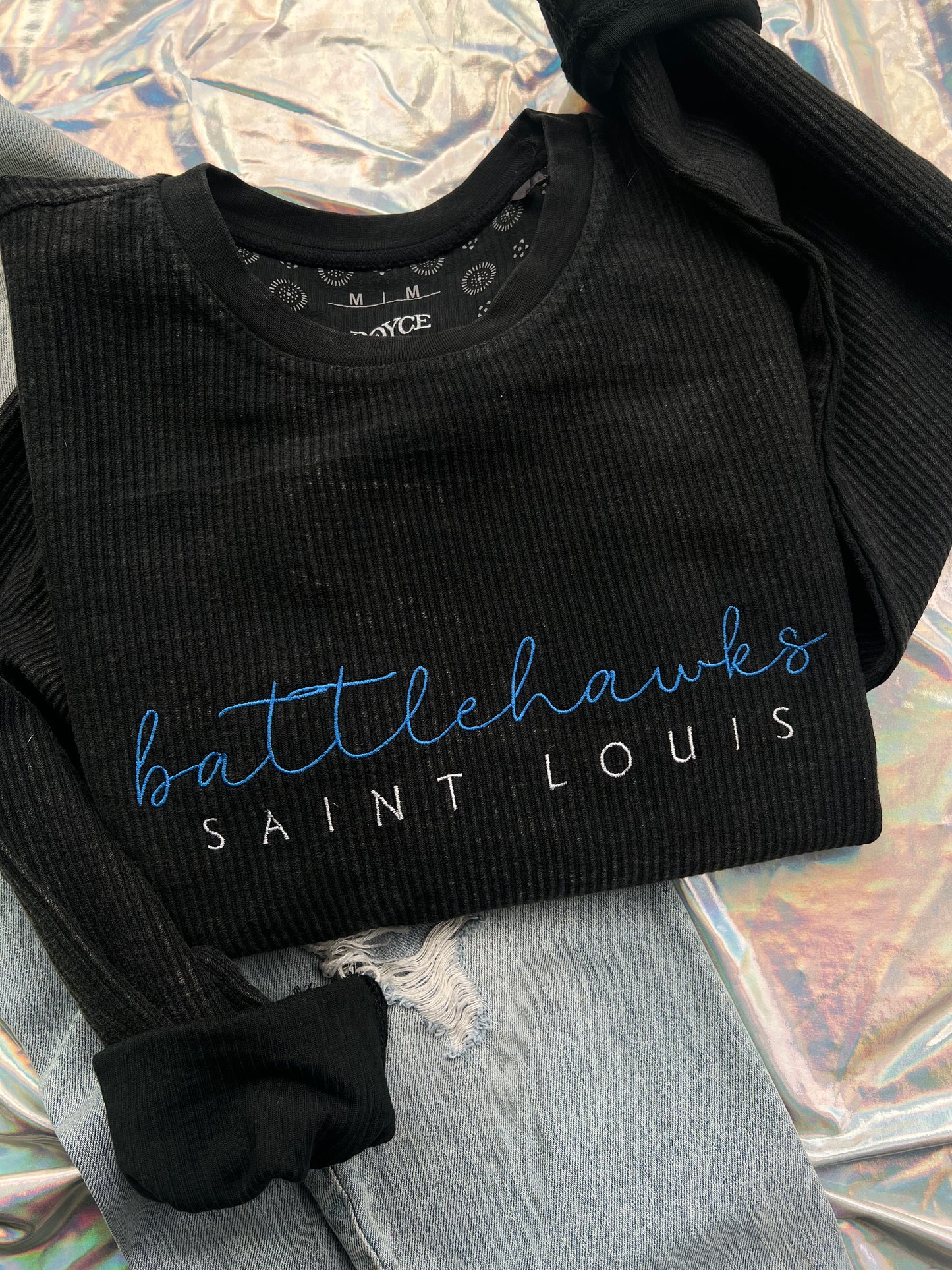 Blue STL Football Embroidered Corded Crewneck