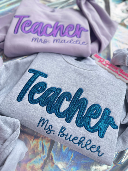 Cursive Teacher Glitter with Name Crewneck