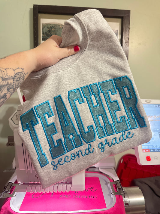 Blue Glitter Teacher Crewneck