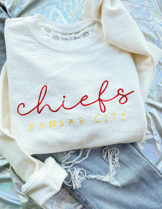 Ivory KC Embroidered Corded Crewneck