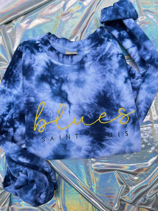 Dark Blue Tie Dye Blues Corded Crewneck