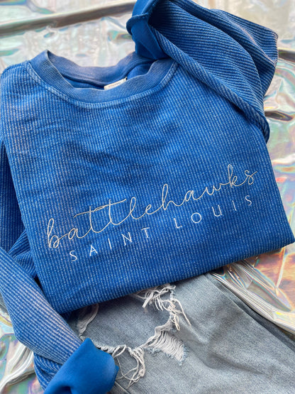 Blue STL Football Embroidered Corded Crewneck