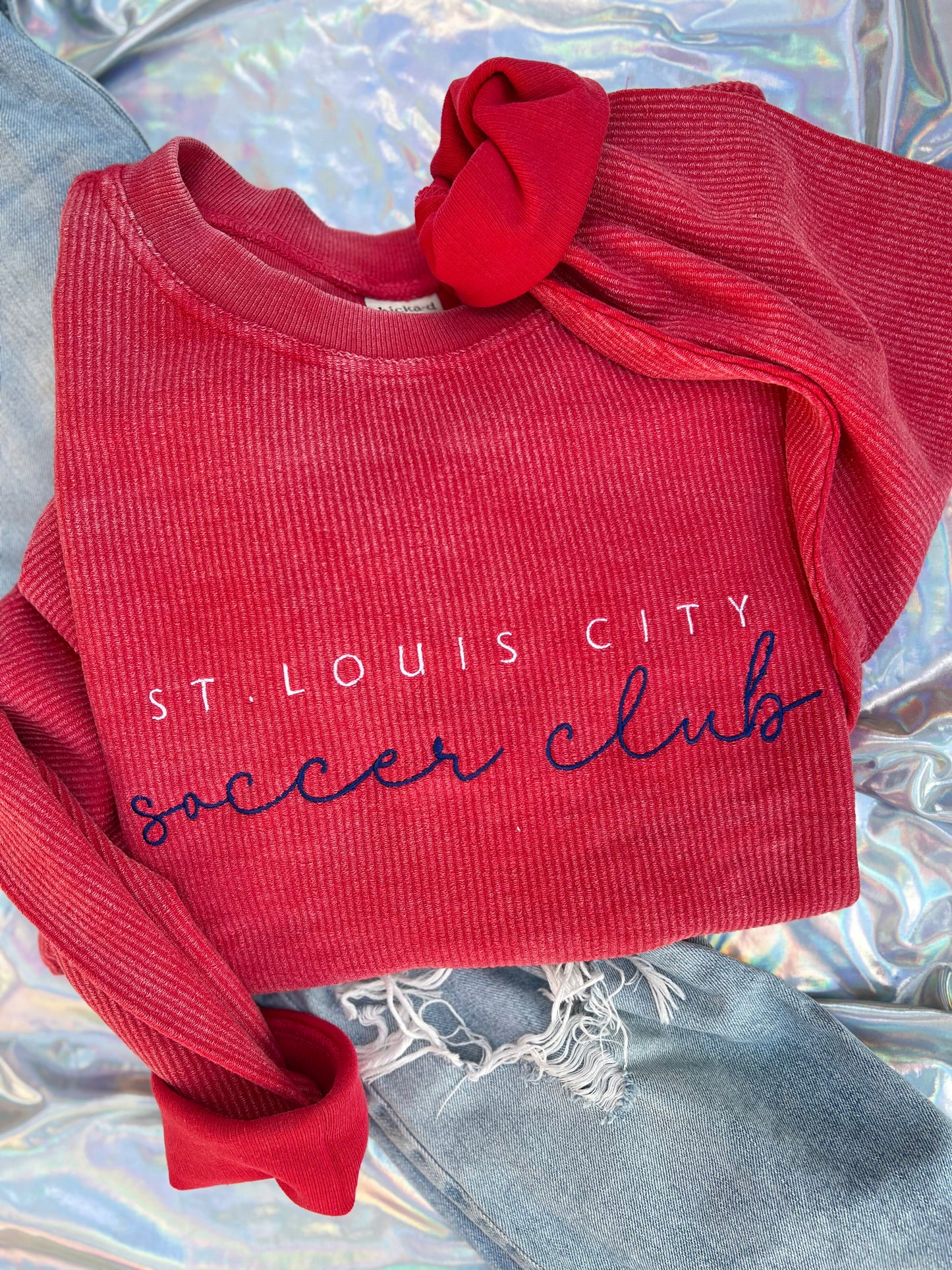 Red CITY Embroidered Corded Crewneck