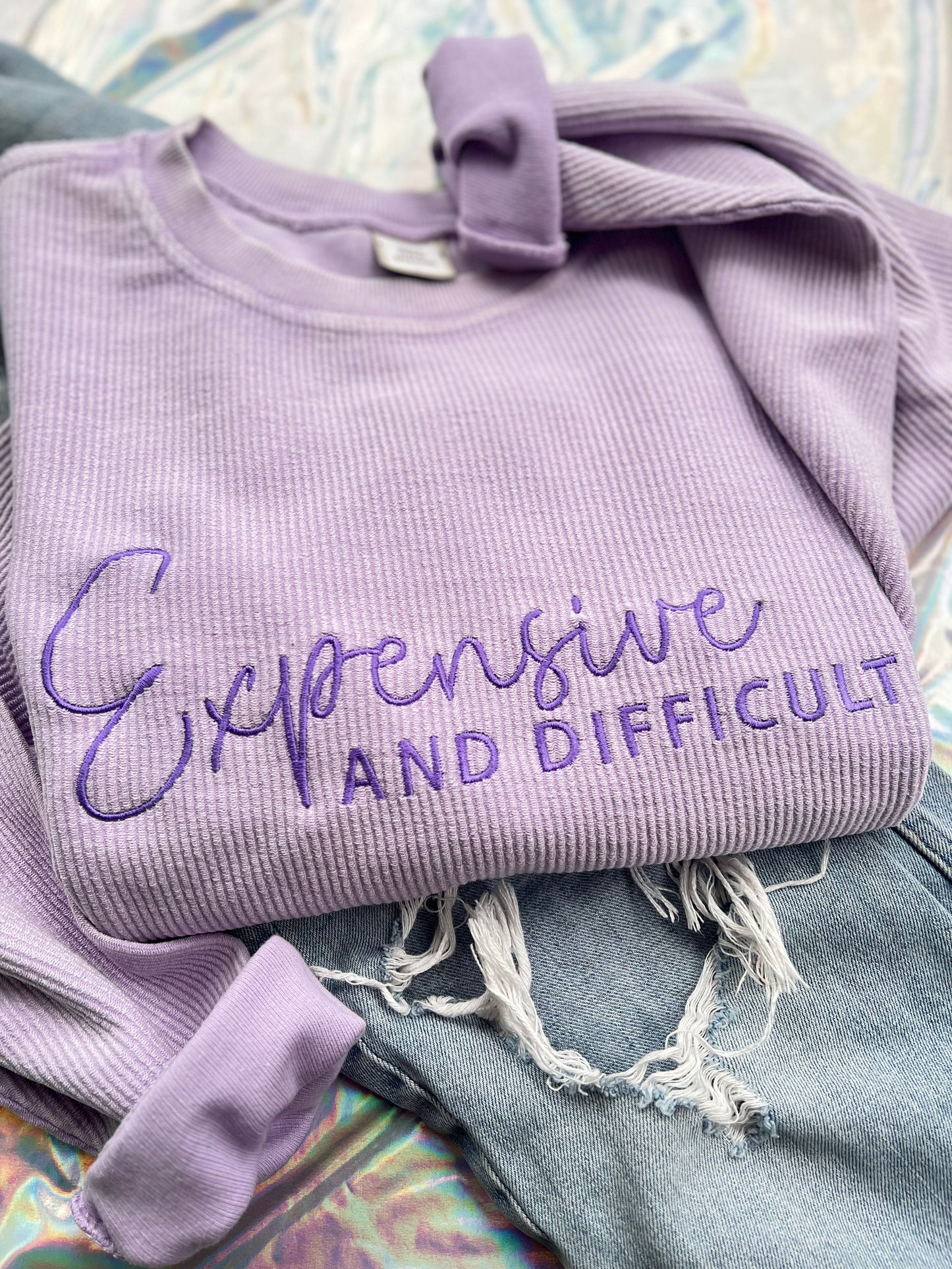 Expensive and Difficult Embroidered Corded Crewneck