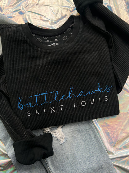 Blue STL Football Embroidered Corded Crewneck